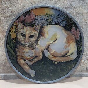 Vintage Stained Glass Suncatcher Cat in Garden Table Decor